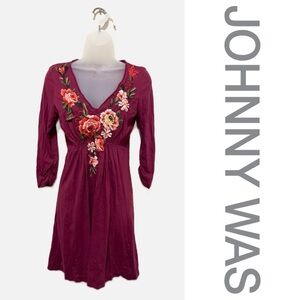 Johnny Was Burgundy 3/4 Sleeve Embroidered Dress